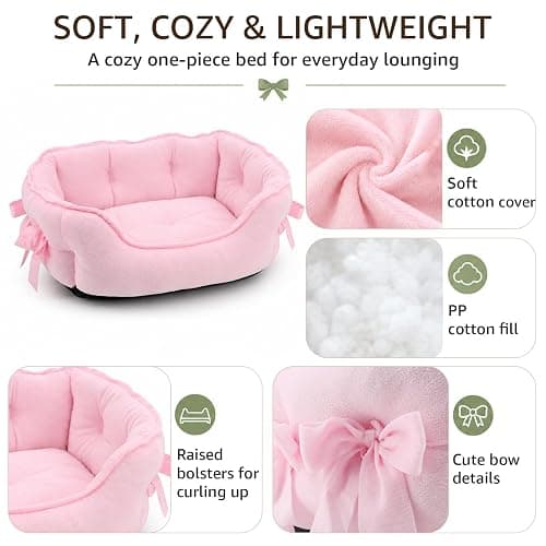 Pink Dog Bed for Small Breeds Breathable Princess Bowknot Puppy Cat Cushion | Soft Short Plush Cover PP Cotton Filling Moisture-Resistant Nonslip Oxford Base Lightweight Sofa Ideal Kittens Naps Lounging thumbnail 4