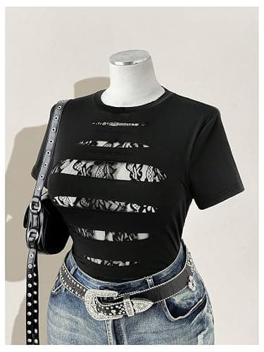 WDIRARA Women's Plus Size Goth Cutout Lace Patchwork T Shirt | Y2k, Ripped, Short Sleeve thumbnail 2
