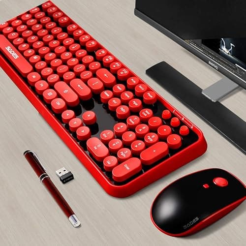 Wireless Keyboard Mouse Combo, 2.4GHz Wireless Typewriter Keyboard with 104 Cute Retro Round Keys, Letton Full Size Keyboard and Mouse with 3 DPI for Computer Mac PC Laptop-Black/Red thumbnail 5