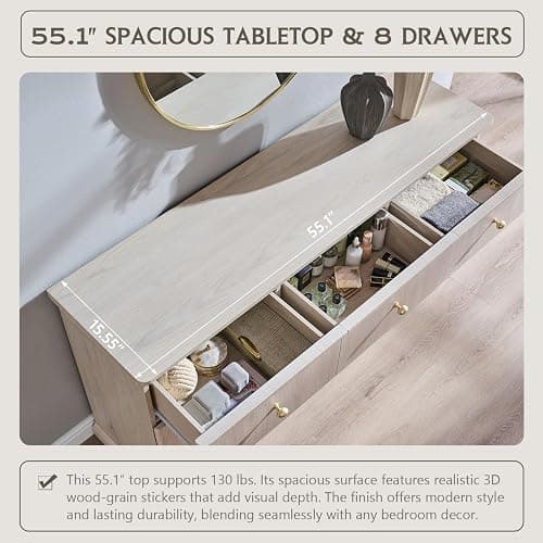 ALLTUFO Modern 8 Drawers Dresser for Bedroom, 55" Wide Wood Dressers & Chests of Drawers w/Curved Waterfall Edge, Large Storage Dressers Organizer w/Metal Handle for Bedroom, Cream thumbnail 4