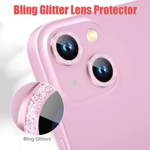 AGVEE 3+3 6 Pack Camera Lens Protector Compatible with iPhone 15/15 Plus, Bling Diamond & Glitter Metal Ring 9H Tempered HD Glass Camera Protector Cover Film, Bling-Pink thumbnail 5