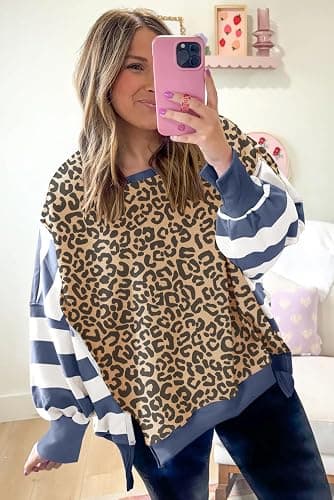 Mazulun Striped Leopard Sweatshirt for Women Color Block Patchwork Drop Shoulder Side Slit Pullover Shirt Tops thumbnail 5