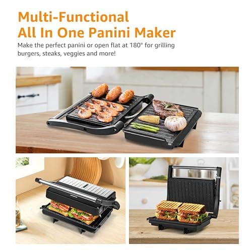 Panini Press Grill, Aigostar 1000W Sandwich Maker with Ceramic Non-stick Plates, Opens 180 Degrees for Any Size Food, 3-in-1 Sandwich Press Electric Grill, Drip Spout & Locking Lid, Sliver thumbnail 3