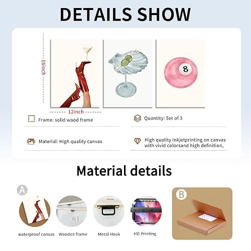Framed Funky Martini Posters Wall Art Set of 3, Vintage Preppy Aesthetic Canvas Prints, Trendy Pink Number 8 Y2K Girl Room Wall Decor Paintings for Dorm Living Room Dining Room Kitchen 12x16 Inch thumbnail 3