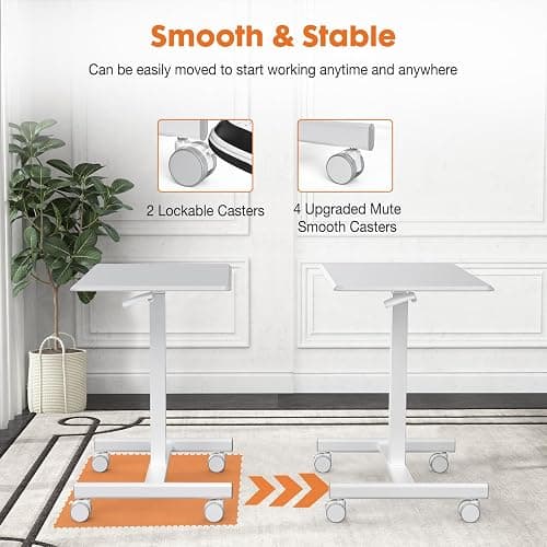 Sweetcrispy Small Mobile Standing Desk, Rolling Laptop Computer Carts, Portable Laptop Desk with Wheels, Adjustable Height Table for Home Office, White thumbnail 5