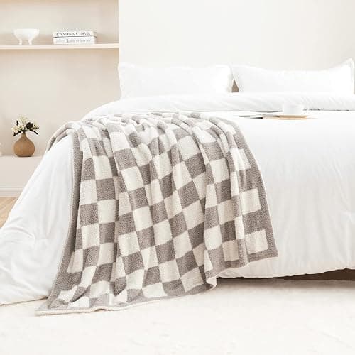 CozeCube Super Soft Fullfy Microfiber Reversible Knitted Blankets, Warm Cozy Fuzzy Plush Throw, Grey and White Checkered Throw Blanket for Couch Bed Sofa, 60" x 80" thumbnail 2