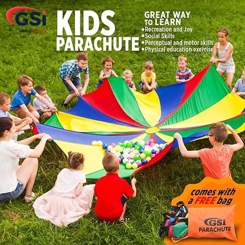 GSi Kids Rainbow Parachute 6 ft to 35 ft for School & Gym Class | Bright Rainbow Colors, 54 GSM Fabric, Cross-Stitched Handles, Field Day & Birthday Parties, Storage Bag Included thumbnail 6