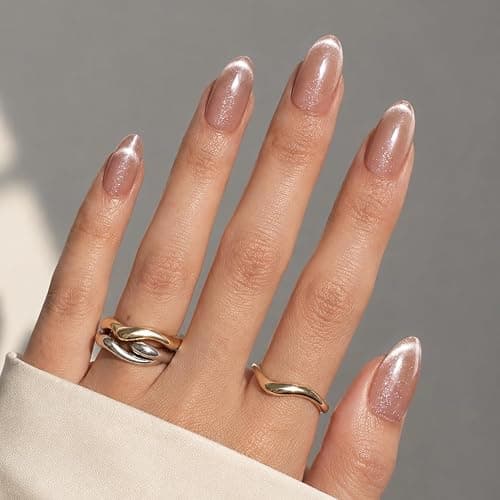 WiniBeauty Cat Eye French Tip Press On Nails - Nude Short Almond Fake Nails | Nude Cateye Press On Nails Reusable Stick On Nails in 16 Sizes, 32pcs False Nail Kit for Women & Girls - Image 1