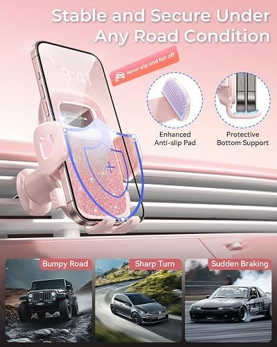Phone Holders for Car with New Metal Hook Clip, Handy Air Vent Car Mount | [One Hand Operation] Cell Phone Car Mount for iPhone, Pink Car Phone Holder, Universal Y2K Car Accessories Gifts for Women thumbnail 5