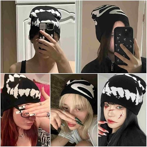 Winatehr Black Graphic Beanie for Men Women, Streetwear y2k Knitted Hat, Slouchy Goth Skull Cap (2 pcs) thumbnail 2