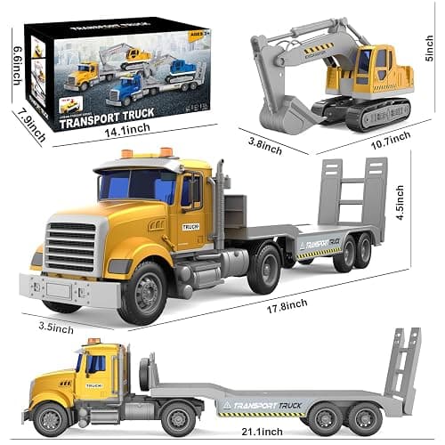 DOWELLIN Transports Trucks Kids Toys, 22" Large Semi Truck Toy Carrier and Excavator Truck with Sound&Light,Friction Powered Cars Toys Birthday for Childs-Yellow thumbnail 3