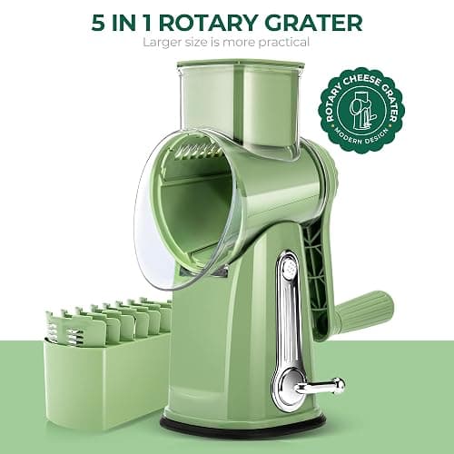 SUSTEAS Rotary Cheese Grater with Handle - Vegetable Shredder with 5 Well-designed Blades & Strong Suction Base,Round Mandoline Slicer & Food Chopper for Kitchen,with Blade Storage Box(Retro Green) thumbnail 8