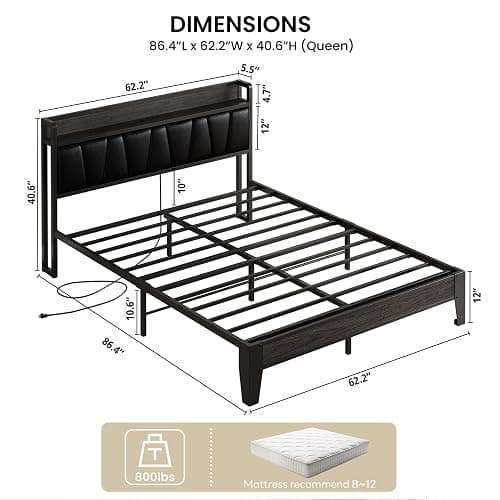 LIKIMIO Queen Bed Frame with Storage Headboard and Charging Station | Black Upholstered Platform Bed Frame, Sturdy Noise-Free Metal Support, No Box Spring Needed, Easy Assembly thumbnail 2