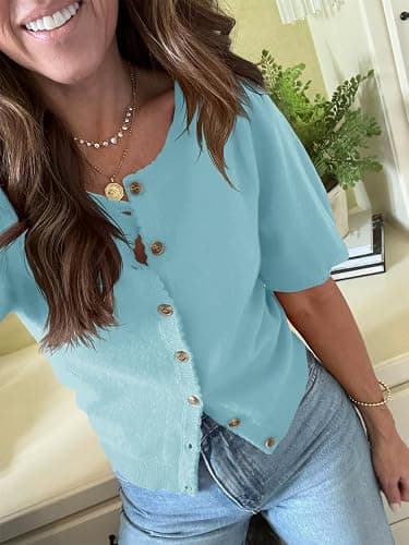 Saodimallsu Womens Puff Short Sleeve Cardigan Lightweight Summer Button Down Shirts Knit Crew Neck Sweater Tops thumbnail 3