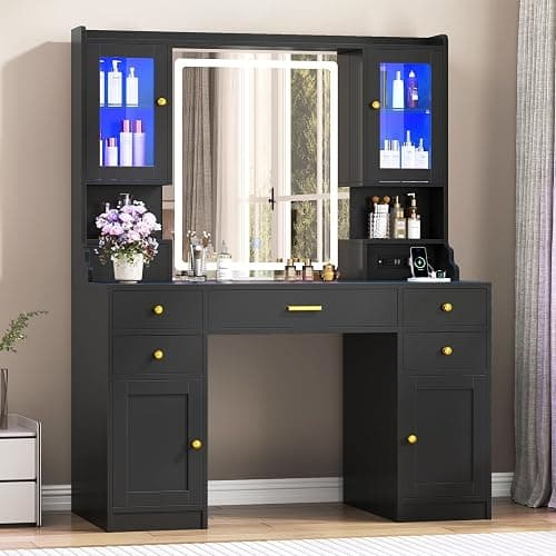 CSZZD Makeup Vanity Desk with Mirror and Lights, Black Vanity Table Set with Charging Station, Dressing Table with RGB Cabinets, Makeup Vanity Mirror with Light Desk and Drawers, 3 LED Light Modes thumbnail 7
