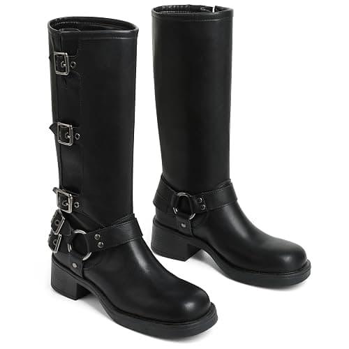 AMINUGAL Knee High Boots Women Square Toe Pull On Wide Calf Riding Fashion Buckles Chunky Metallic Casual Vintage Buckle Rivet thumbnail 3