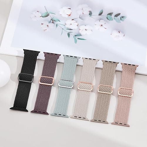 6 Pack Braided Stretchy Bands Compatible with Apple Watch Band 38mm 40mm 41mm 42mm 44mm 45mm 46mm 49mm Women Men, Adjustable Nylon Solo Loop Elastic Straps for iWatch Series 11 10 9 8 7 6 5 4 SE Ultra thumbnail 6