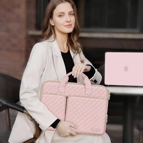 MOSISO 360 Protective Laptop Case 14 inch, 14 inch Laptop Sleeve | Compatible with HP Lenovo Dell ASUS Acer, HP Stream, Dell Latitude,Square Quilted Bag with 2 Pockets&Handle&Belt, Chalk Pink thumbnail 3