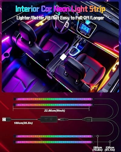 Car LED Lights, Smart RGB+IC 48 LED Car Interior Light, 16 Million Colors Strip Light, APP Control, Music Mode, Scene Modes, 2 Lines Design with Car Charger, Under Dash Lighting for SUVs, Trucks thumbnail 8