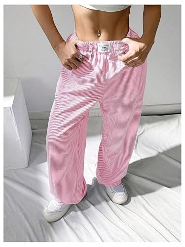 WDIRARA Women's Striped Print Straight Leg Pants Elastic Waist Casual Trousers with Pockets thumbnail 3