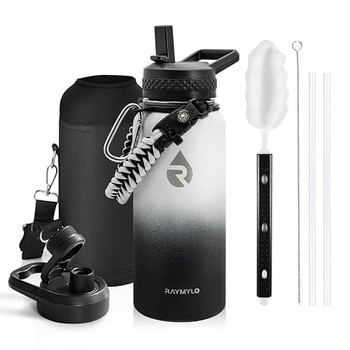 RAYMYLO Insulated Water Bottle 32 oz, Triple Wall Vacuum Stainless Steel (Cold for 48 Hrs), Leak Proof & Non-BPA, Modern Water Flask Jug with Paracord Handle & Straw Spout Lids, Ombre: White/Black - Image 1