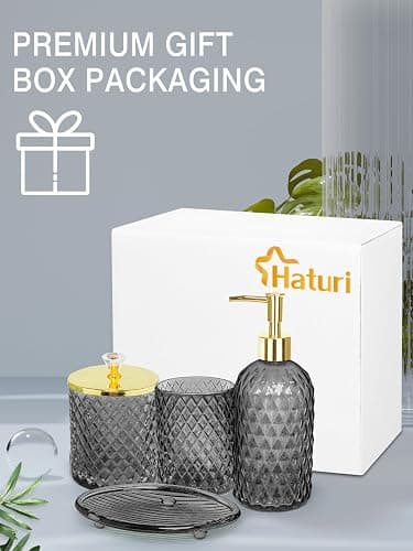 Haturi Gray Glass Bathroom Accessories Set, 4-Piece - Lotion Soap Dispenser, Toothbrush Holder, Cotton Swab Jar & Soap Dish – Elegant Gold Accent for Countertop & Housewarming Gift thumbnail 6