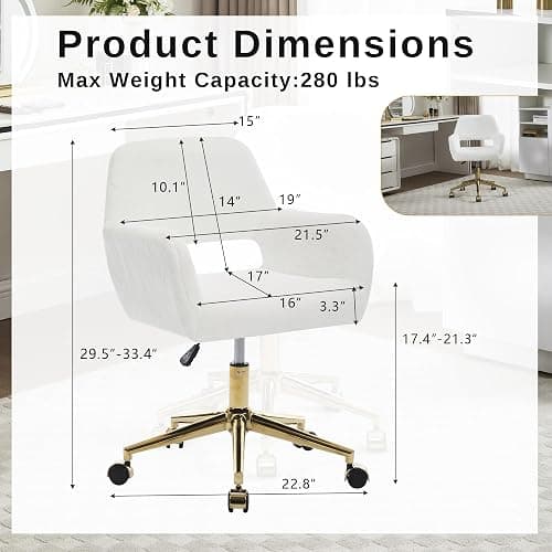 HENGJIANYI Faux Fur Swivel Desk Chair, Modern Fluffy Makeup Vanity Chair, Height Adjustable Armchair with Gold Base, Ergonomic Office Chair with Hollowed Back, White thumbnail 2