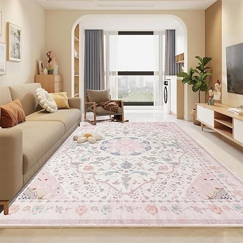 auruge Area Rug - Vintage 5x7 Non-Slip Backing Area Rugs Light Pink Soft Faux Wool Carpet Foldable & Machine Washable Rugs for Living Room Bedroom Dining Room Nursery Home Office - 5'x7' - Pink thumbnail 7