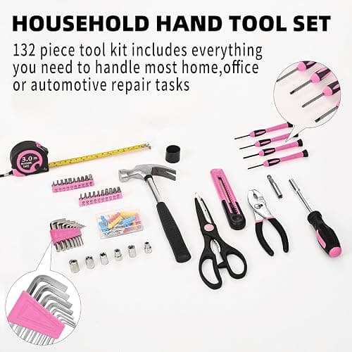 132 Piece Pink Tool Set, Womens Tool Kit for House, All Purpose Tool Kit for Home & Women, Small Home Repair Tool Set with Plastic Storage Toolbox for Garage, Office, College Dormitory, DIY Projects thumbnail 3