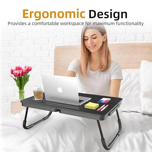 BUYIFY Portable Foldable Laptop Desk for Bed and Couch, Adjustable Lap Desk with Cup Holder and Phone Holder, Ideal for Working, Reading, Writing, and Breakfast (Black) thumbnail 6