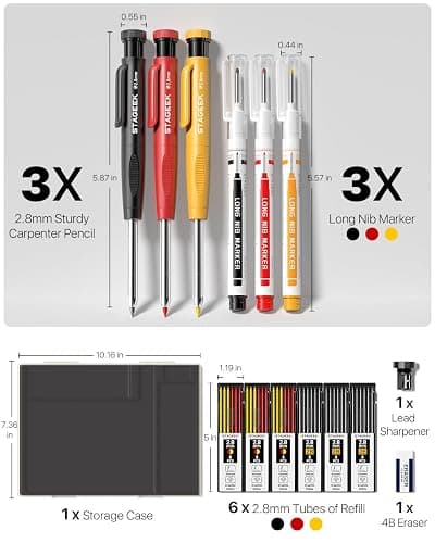 STAGEEK 3PCS Carpenter Pencils with Sharpener, Heavy Duty Woodworking Tools, Mechanical Pencil Set with 39 Refills, Deep Hole Long Nib Marker Pens for Architect Marking with Case (Red, Black, Yellow) thumbnail 7