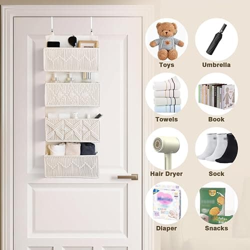 janebeauties Over the Door Organizer Macrame Boho Nursery Storage with 4 Large Woven Pockets, Hanging Basket for Bathroom, Nursery & Closet Doors, Behind the Door Storage Organizer, Cream White thumbnail 7
