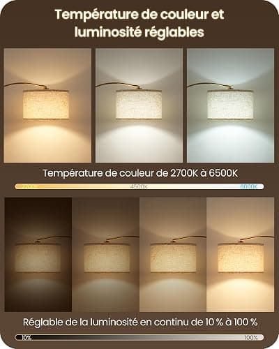 GOEBLESON Lampadaire de salon arc, lampe arquée réglable en hauteur de 158 à 188 cm, lampadaire à intensité variable avec télécommande, avec ampoule LED, beige noir, pour chambre à coucher thumbnail 3