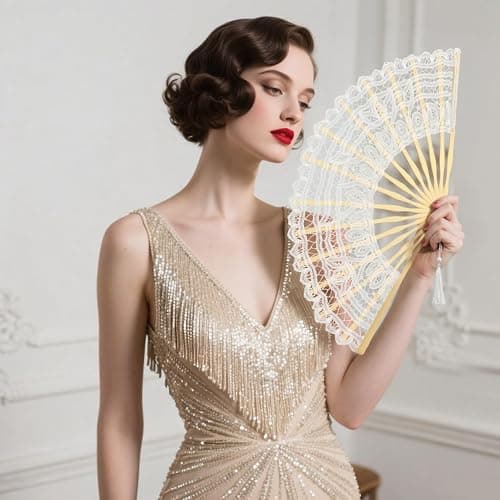 BABEYOND Cotton Lace Folding Handheld Fan Embroidered Bridal Hand Fan with Bamboo Staves for Wedding Decoration Dancing Party thumbnail 4