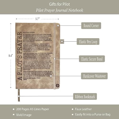 Pilot Gifts Men Women, Pilot Prayer Leather Journal 200 Pages Notebook A5 Lined with Pen and Keychain, Thoughtful Religious Gift for Aviation Airplane Future Pilot Birthday Graduation Christmas thumbnail 2