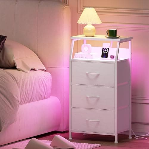 Somdot White Nightstand with Charging Station and LED Light for Bedroom, Tall 3 Drawers Dresser with Fabric Bins for Bedside Kids Dorm Room Closet Laundry Entryway, White Leather - 11"D x 16.5"W x 31.1"H (3 Drawers) - White Leather thumbnail 2