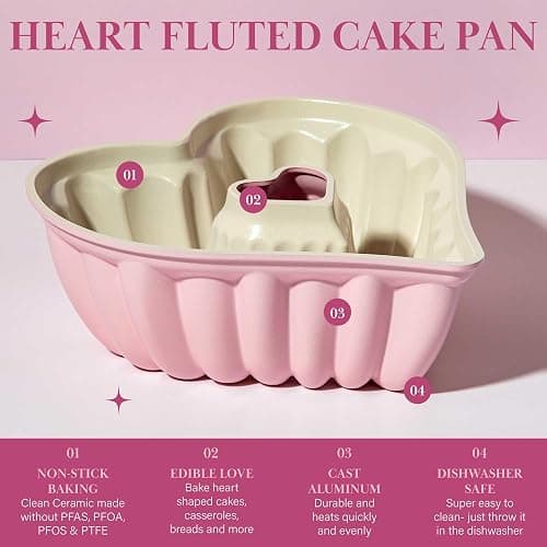 Paris Hilton Heart Shaped Fluted Cake Pan, Cast Aluminum with Clean Ceramic Nonstick Bakeware, Dishwasher Safe, Made without PFAS, PFOA, PFOS & PFTE, 9-Inch, Pink thumbnail 10