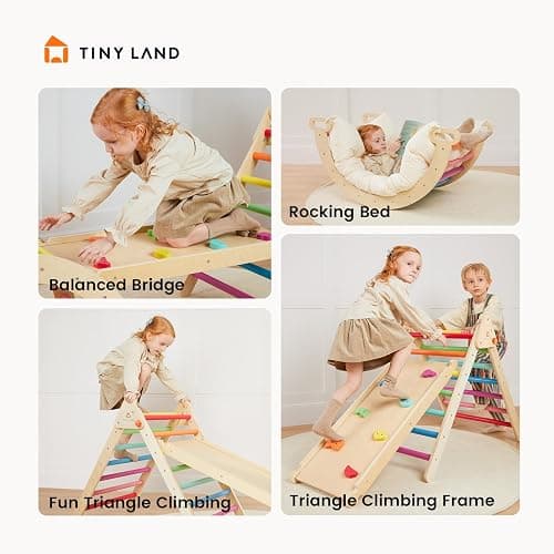 Tiny Land Pikler Triangle Set, 7-in-1 Foldable Pikler Triangle Climbing Toys Set for Kids,Baby Indoor Playground Jungle Gym, Wooden Montessori Climbing Set for Toddler (Rainbow) thumbnail 5