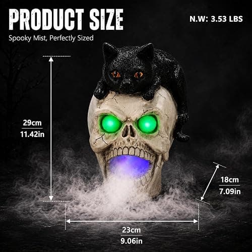 Shlinnuo Halloween Skull Statue with Mist Fogger Light 11 inch | Black cat skull decor, glowing eyes, water mist fog, resin Halloween figurine, indoor haunted house tabletop prop thumbnail 2