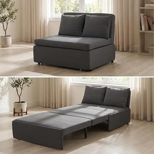 BALUS 43"W Twin Pull Out Sofa Bed Sleeper Couch with Pullout Beds, 2 in 1 Convertible Linen Sleepers Sofa Single Chair with Pillows and 3.9" Foldable Mattress for Small Space Apartment Loft, Dark Grey - Image 1