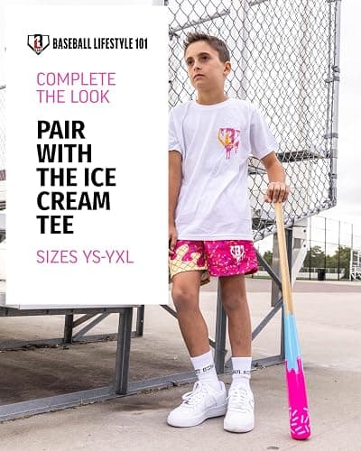 Baseball Lifestyle 101 Ice Cream Youth Mesh Shorts – Strawberry, 5 in Inseam, Side Pockets, Elastic Waist thumbnail 6