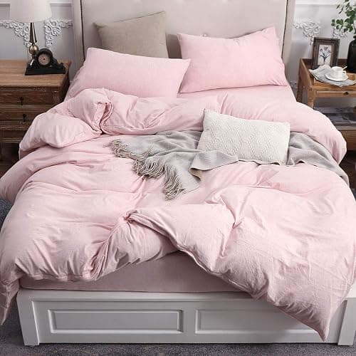 PURE ERA Jersey Knit Duvet Cover Set 100% T-Shirt Cotton Super Soft Comfy 3pc Bedding Set with Zipper Closure (Heather Pink, Queen) - Image 1