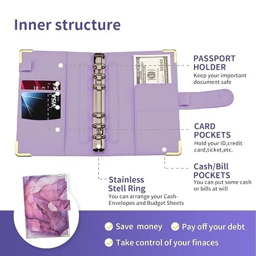 Budget Binder, A6 Marble PU Leather Binder, 6 Ring Budget Planner Organizer with 8 Zipper Cash Envelopes, 12 Expense Budget Sheets, 2 Letter Label Sticker for Budgeting, Saving Money (Purple) thumbnail 4