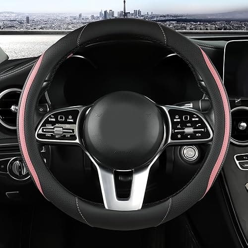 Car Steering Wheel Cover, Leather Steering Wheel Cover Pink Universal 14.5-15 Inch Microfiber Leather Anti-Slip Breathable Auto Steering Wheel Covers for Men Women (Black&Pink) - Image 1