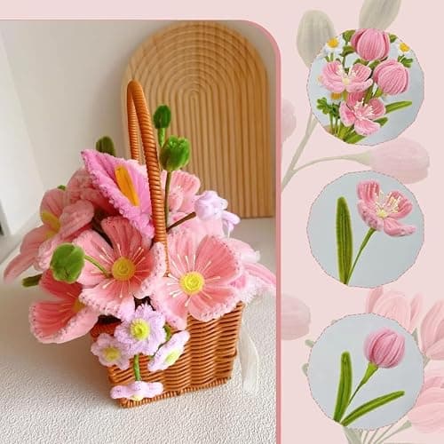 AKINSTER 500 Stück Pfeifenputzer zum Basteln Pfeifenreiniger Blumen Set Pipe Cleaner Flower Set Pfeifenreiniger Rosa mit Blumen Staubblatt Bänder Klebeband Geschenkbox für Basteln & DIY (Rosa) thumbnail 4