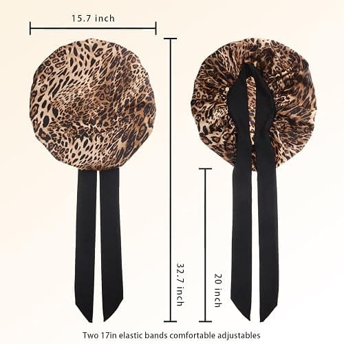 Silky Satin Hair Bonnet, Night Cap for Black Women Hair Care with Soft Strechy Tie Band - Jumbo Satin Sleep Cap(Leopard) thumbnail 5