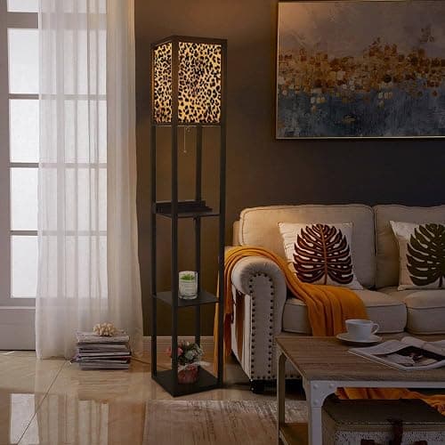 Modern Leopard Animal Print Standing Floor Lamp with Shelves Floor Lamp Tall Lamp Brown Leopard African Textile Flaxen Fabric Shade Corner Lamp for Living Room Bedroom Wildness Aesthetic Decor thumbnail 4