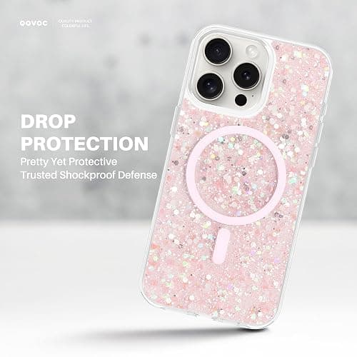 QOVOC for iPhone 15 Pro Max Case, Clear Glitter MagSafe Compatible, Bling Sparkly Girly Case for iPhone 15 Pro Max, Magnetic Protective Phone Cover, Pink Glitter, Andromeda thumbnail 5