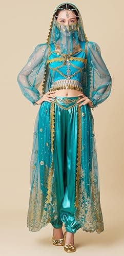 ORIDOOR Women's New Aladdin Jasmine Princess Belly Dance Halloween Costume Set Belly Dance for Dress Up Party 5 Piece Outfit thumbnail 3
