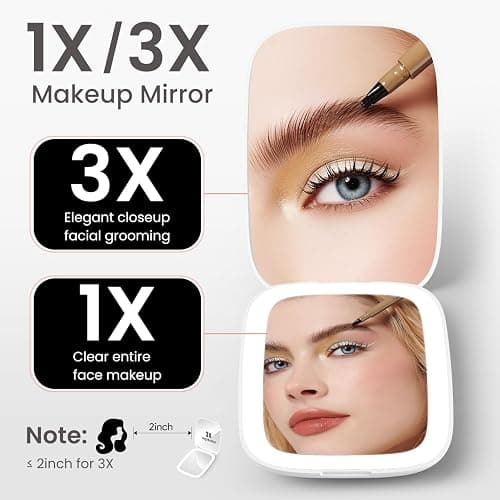 Compact Mirror with Light, 1X/3X Magnification LED Travel Pocket Makeup Mirror with 3 Color Modes, Rechargeable and Dimmable, Portable Lighted Mirror for Women – White thumbnail 2